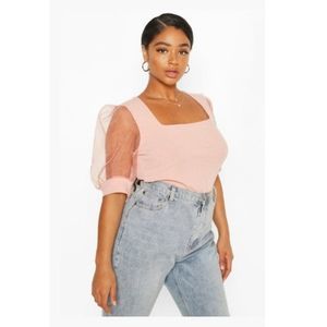 New Light Pink Organza Mesh Puff Sleeve Top